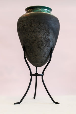 Ceramic Amphora Handcrafted by Naiimpottery | Raku Fired Amphora Pointed Vase in a Unique Metal Stand