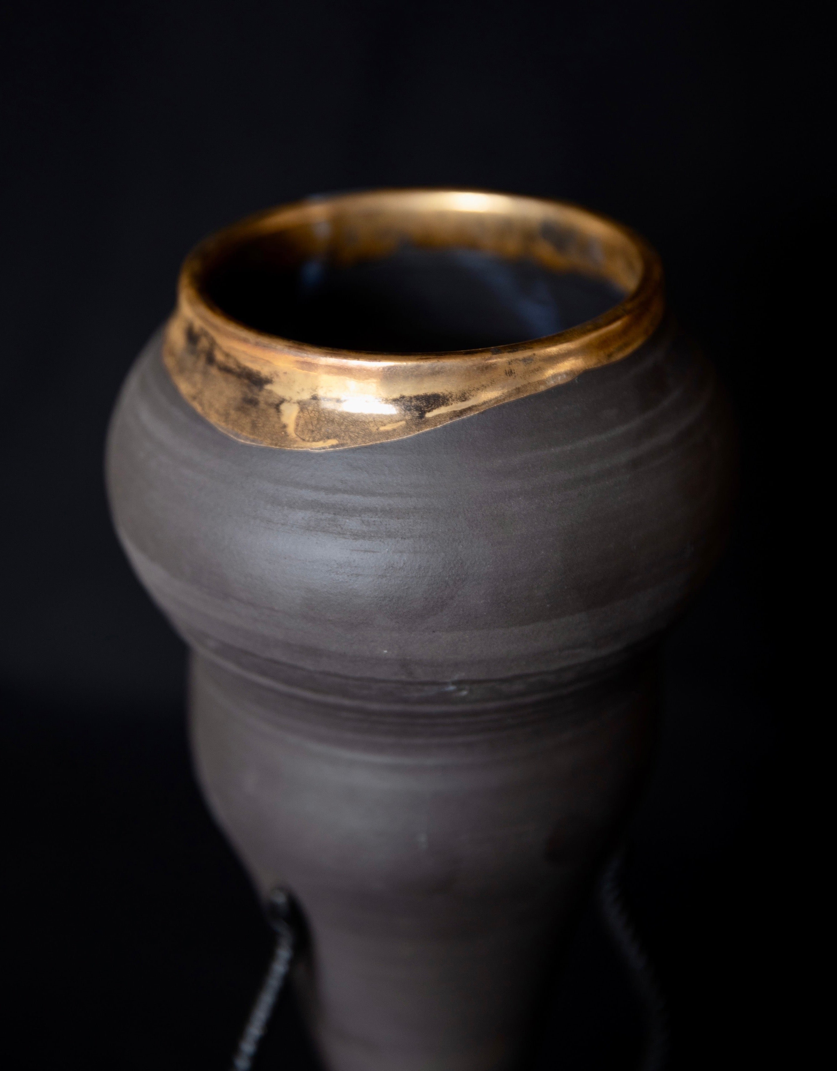 Ceramic Amphora Handcrafted by Naiimpottery | Black Amphora Pointed Vase in a Unique Metal Stand | Handcrafted Amphora Gold Coated