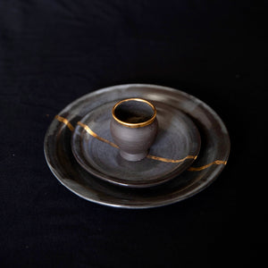 Black Ceramic Dinner Set plated gold  | Table Wear Set | Ceramic Plates | Gold Cup | Handmade Ceramic Set | Set of 3 Pieces | Handcrafted Dinner Set