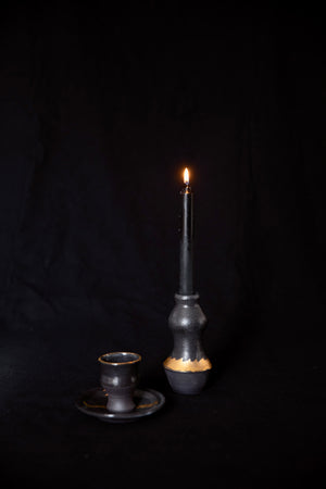 Black Ceramic Candle Holder Plated 14k Gold Made by Naiimpottery