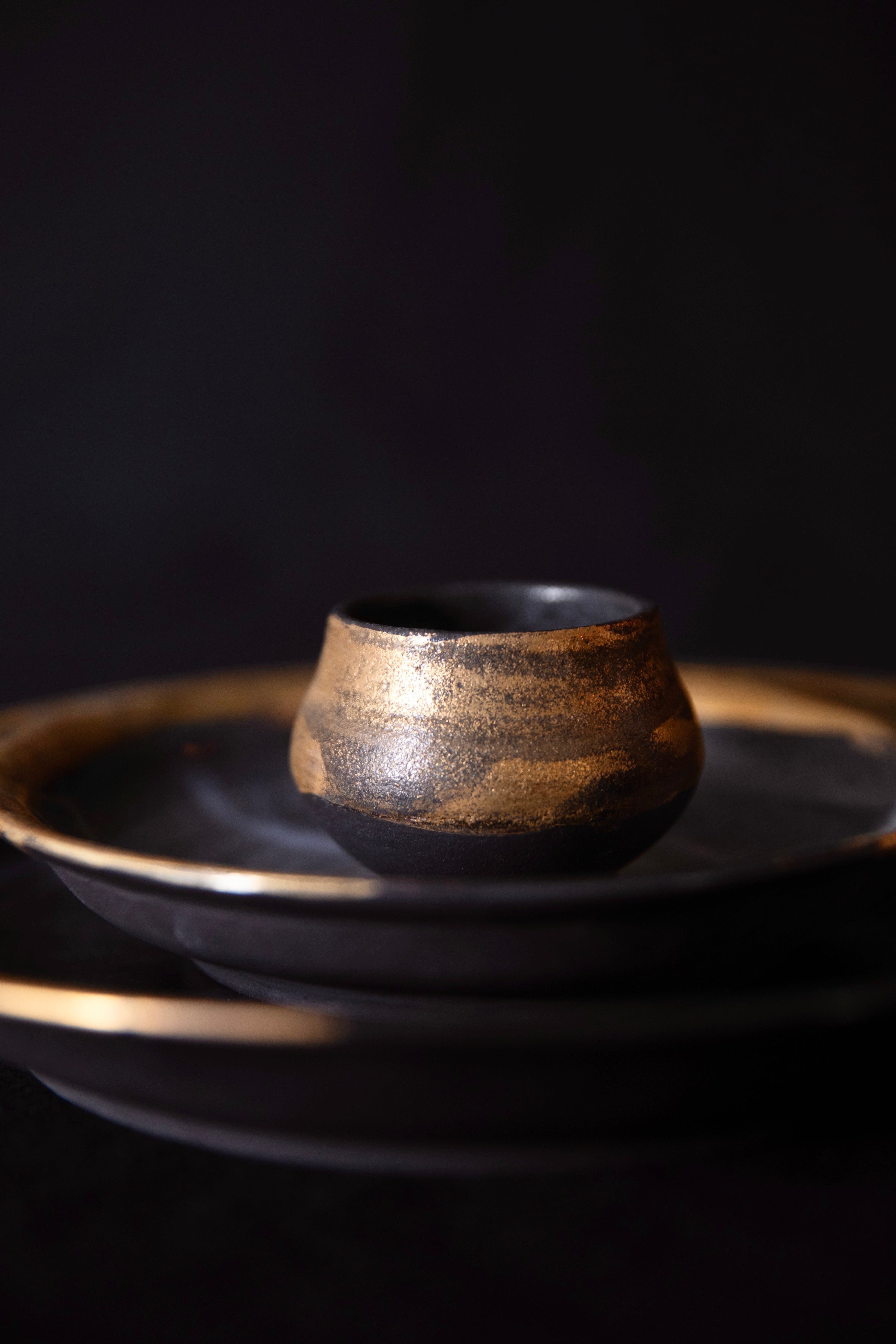 Black Ceramic Dinner Set  | Table Wear Set | Ceramic Plates | Gold Cup | Handmade Ceramic Set | Set of 3 Pieces | Handcrafted Dinner Set