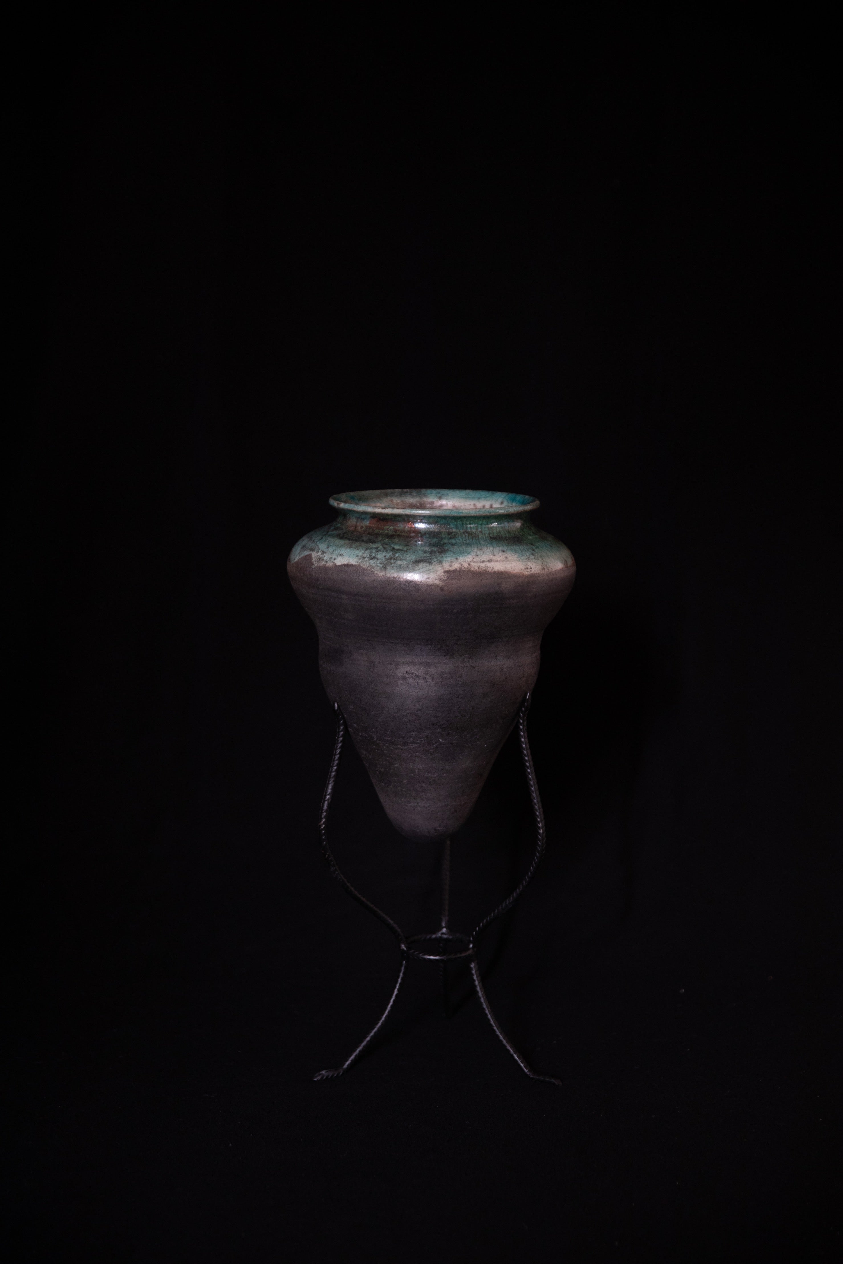 Ceramic Amphora Vase Handcrafted by Naiimpottery | Raku Fired Amphora Pointed Vase in a Unique Metal Stand