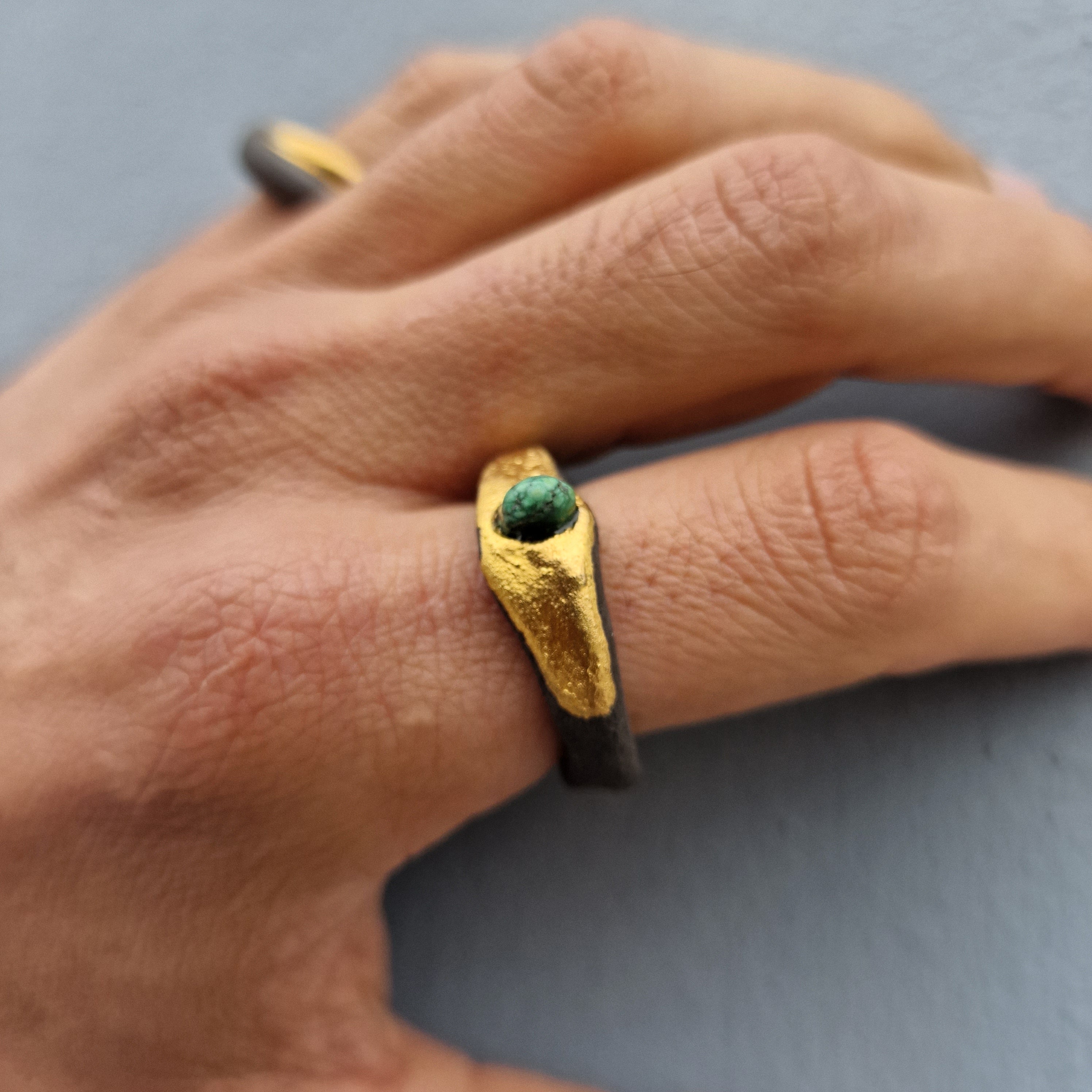 Handcrafted Ceramic Black Ring | Gold Plated Ring | Unique Ceramic Ring | Handmade Artisan Clay Ring Coated Gold inlaid turquoise Stone