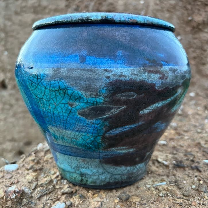 Blue Cremation Urn | Fine Art Keepsakes | HandCrafted Unique Urn for Ashes | Unique Urn For Ashes | Cremation Urn | Pet Urn | Copper And Coal Raku Urn